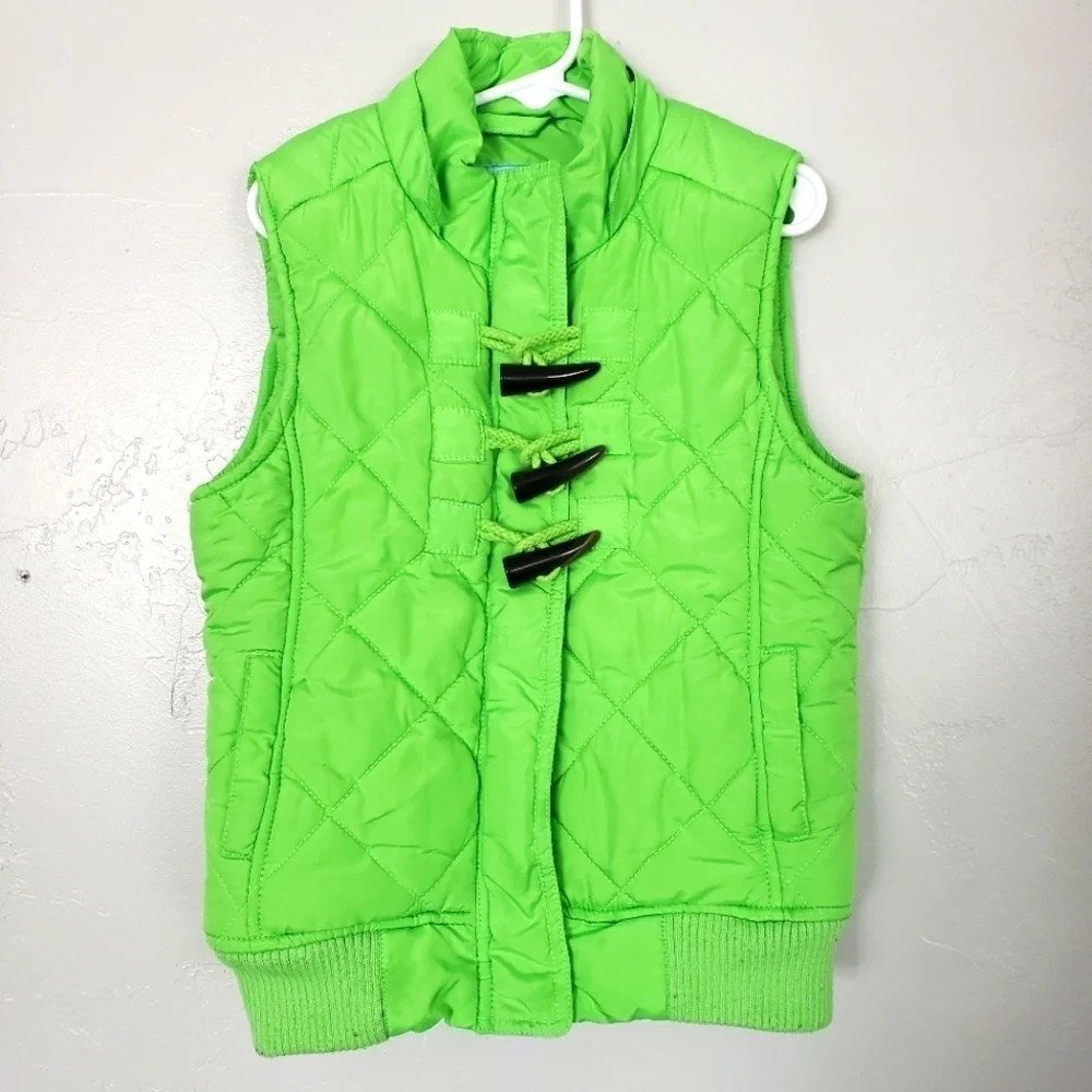 Justice Girls Medium 8 Lime Neon Green Puffer Vest Quilted Toggle Spring